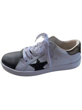 MKS Brand White & Black Lace Up Sneakers w/Glitter Star Women's Size 9 (READ)